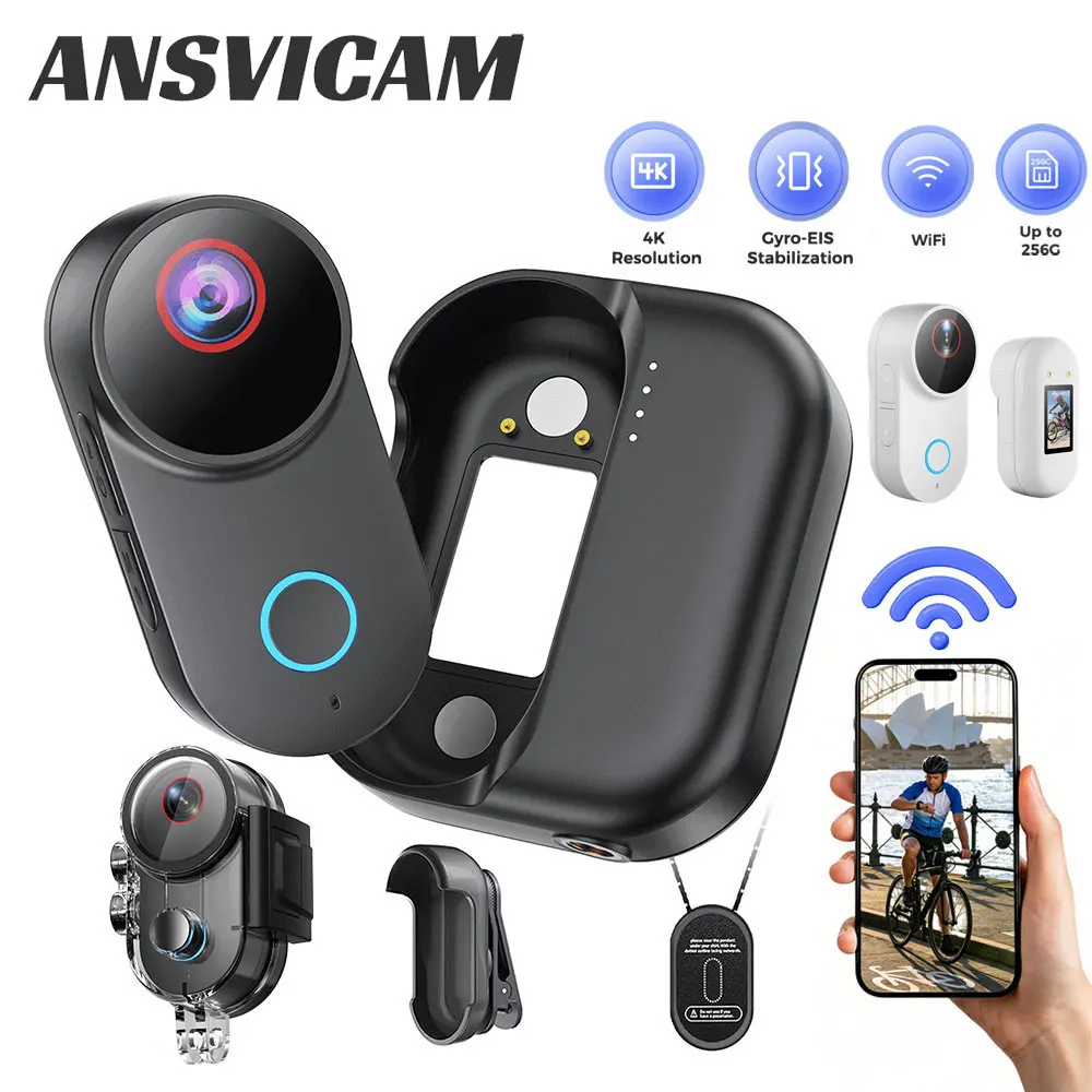 ANSVICAM Thumb Camera 4K Ultra HD 6-Axis Stabilization Long-Hour Battery with Charging Dock Helmet/Bike Mount Wifi Action Camera