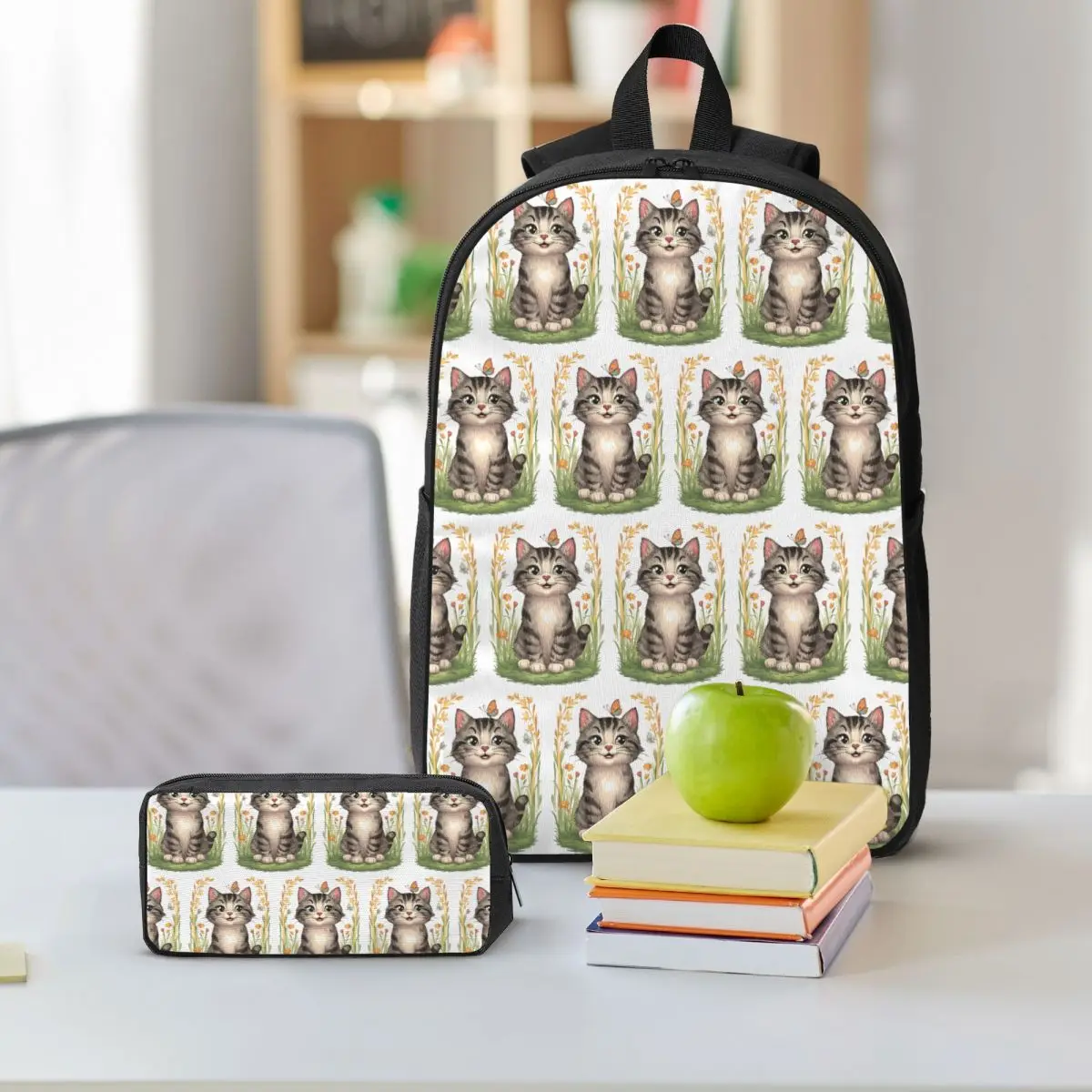 An Adorable Cat And A Butterfly In Grass Backpack Student BookBag School Bag Shoulder Bags 3ps Insulated Lunch Bag Pencil Case