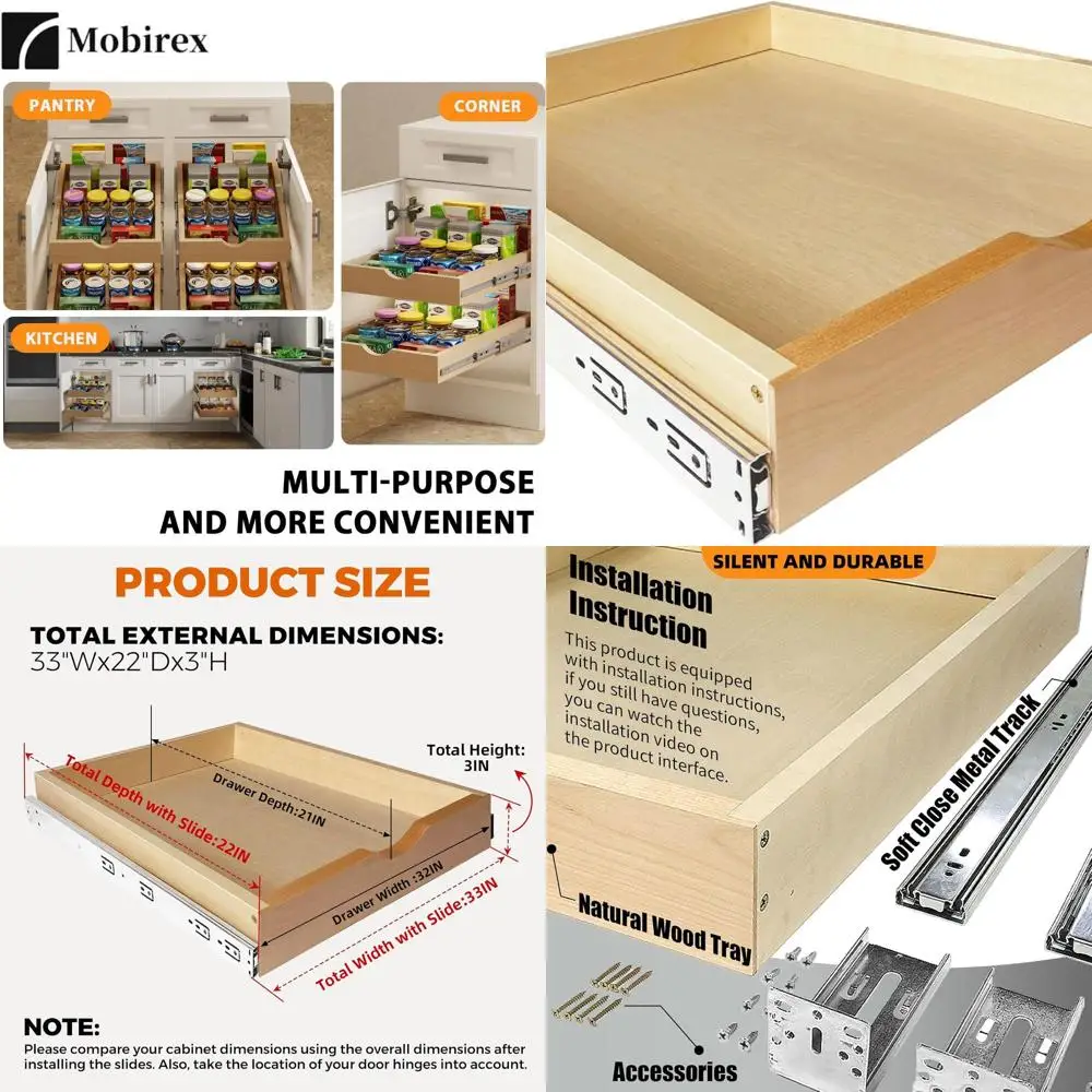 

33W 22D 3H Soft Close Wood Slide-Out Organizer for Kitchen & Pantry Storage