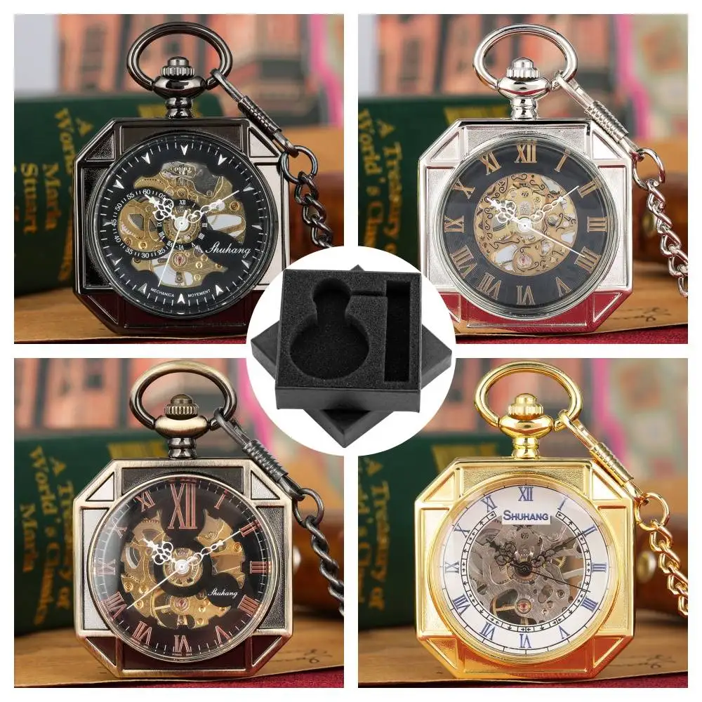 Vintage Square‑Angled Hand‑wind Mechanical Pocket Watch Transparent Glass Fob Chain Pendant Pocket Clock Gift for Men
