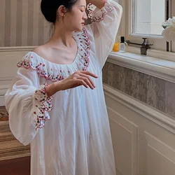 Sweet Autumn Pure Cotton Nightdress Fairy Women Embroidery Nightdress Cute Lace Long Nightown White Floral Princess Sleepwear