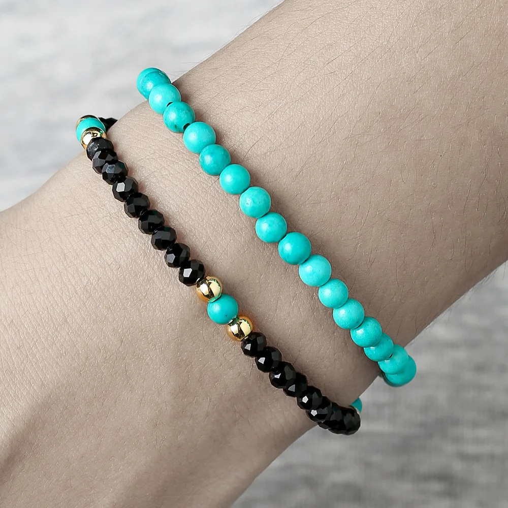 Trendiges 2-teiliges Naturstein-Armband-Set, Unisex, 4 mm, Türkis, schwarzer Kristall, Rocailles, Armband, Freizeit, Paar, Geschenkzubehör