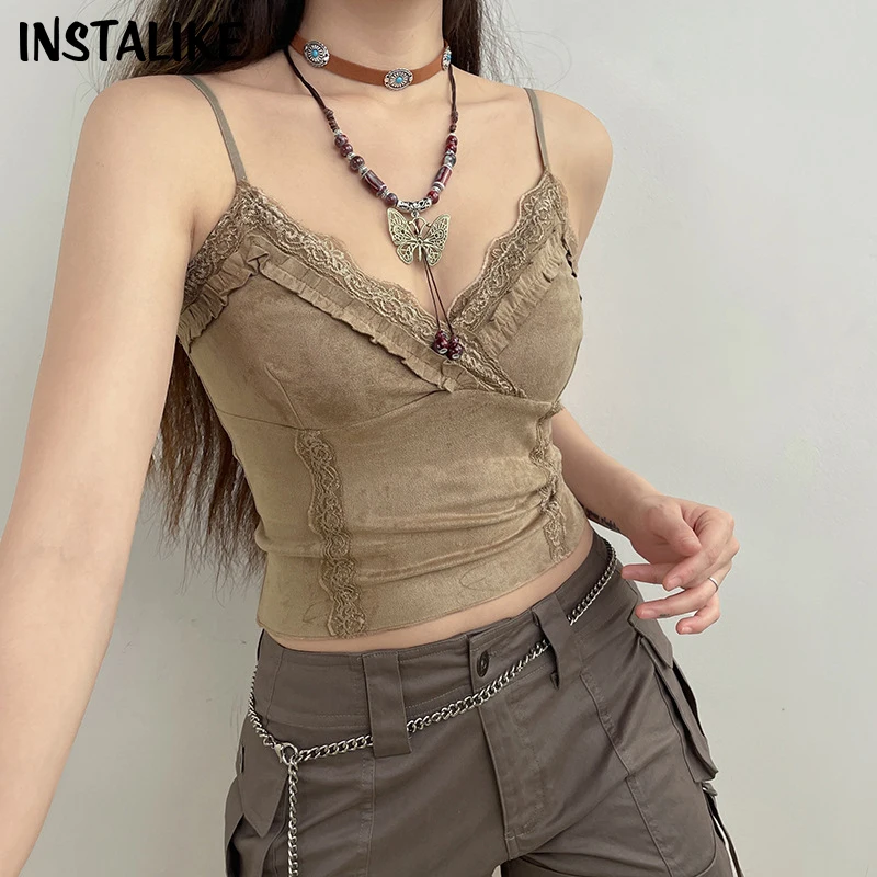 

InstaLike Lace Patchwork V Neck Strap Lace Trashy Y2k 2000s Vintage Top Cami Fashion Party Summer Crop Top Women Stitch Chic Top