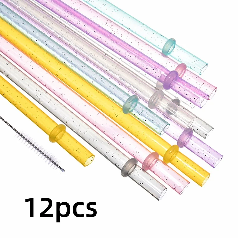 12 Pcs Reusable Plastic Straws Glitter Drinking Straws for Stanley Cup Clear Sparkle Straw with Cleaning Brush for Tumbler Party