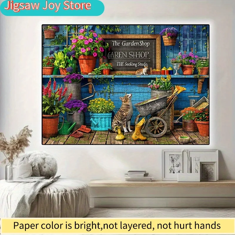 

1000pcs DIY Paper Puzzle with Garden Shop Theme, Featuring Various Potted Flowers, Cute Cats, Gardening Tools & More. High-Qua