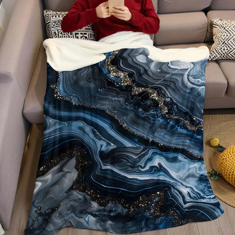 Navy Gold Kintsugi Agate Flannel Blanket Warm Soft Halloween Christmas Decorative Couch Warm Cozy All-Season Gift