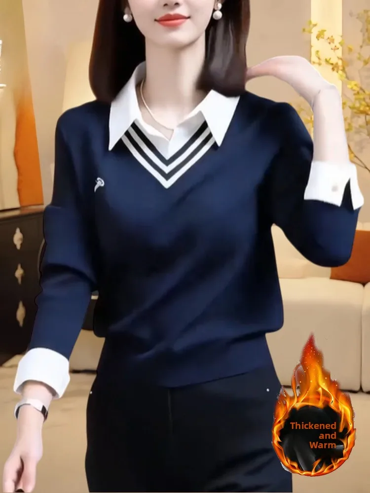 

Winter Women's Knitted Ne Sweater V-Ne Color Blo High-End Large Size Versatile Top Casual Loose Fit Soft Fabric