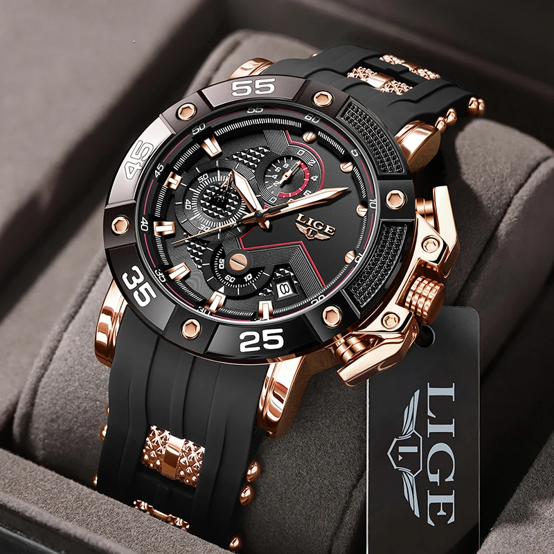 

LIGE Fashion Silicone Watch For Men Military Sport Waterproof Men's Quartz Wristwatches Top Brand Luxury Date Chronograph Male