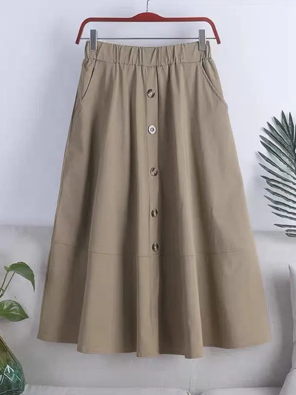 

Summer Women's A-Line Midi Skirt Slimming High Waist Elastic Waist Pure Color Half-length Umbrella Skirt Korean Style Commute