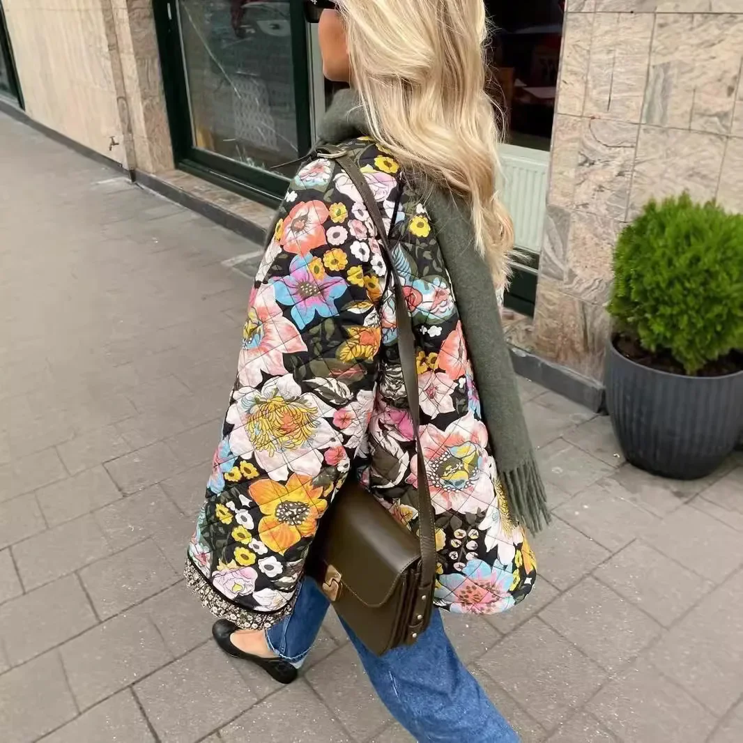 2024 New Autumn Winter Floral Printed Cotton Coat Comfortable Casual Flared Sleeve Loose Women's Cotton Jacket