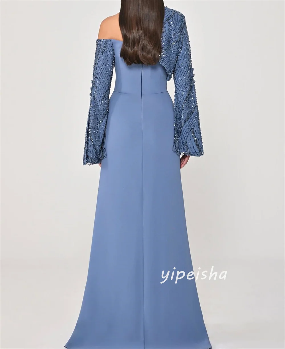 Customized Blue Intricate Luxury Jersey Beading Sequined Button A-line High Collar Long Dresses Evening Dresses High Quality