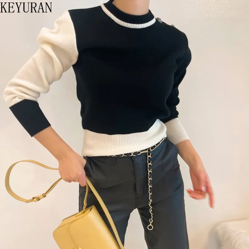 Autumn Winter Woman\'s Sweaters Fashion Color-blocked Patchwork O-Neck Casual Long Sleeve Female Pullover Knitted Tops Clothing