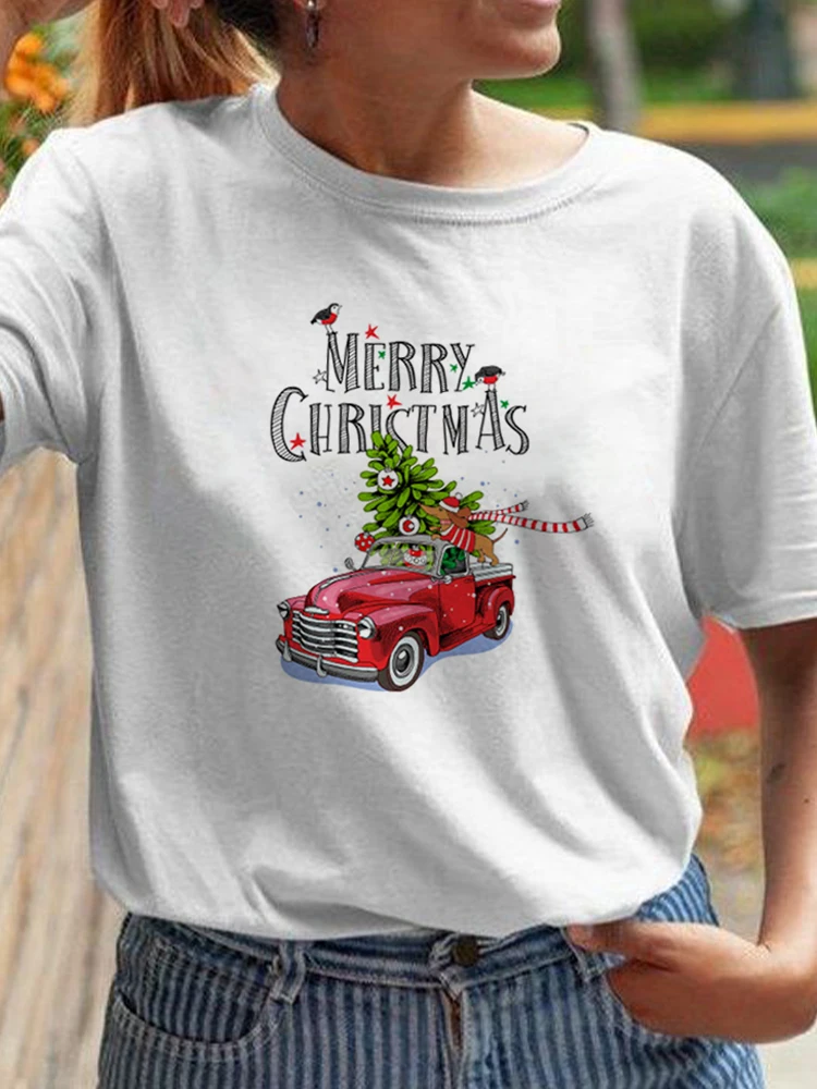 

Women Christmas Truck Printed T-shirt Merry Christmas Tree Festival Winter Tshirt Nice Top Graphic Shirt T Tee Pretty T-shirt