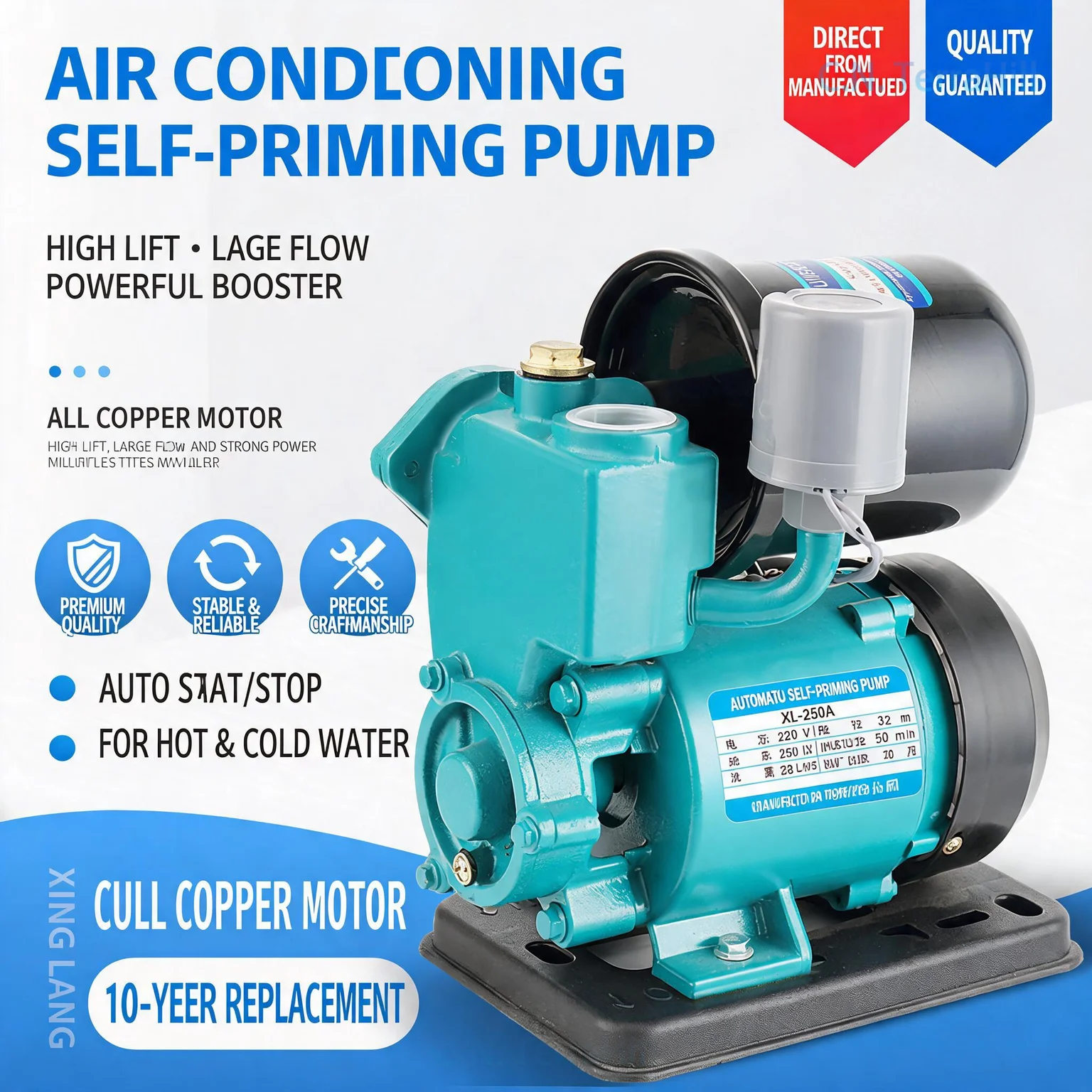 Home Automatic Self-Priming Booster Pump 220V Water Pressure Pump for Pipeline Well Pumping and Air Conditioning