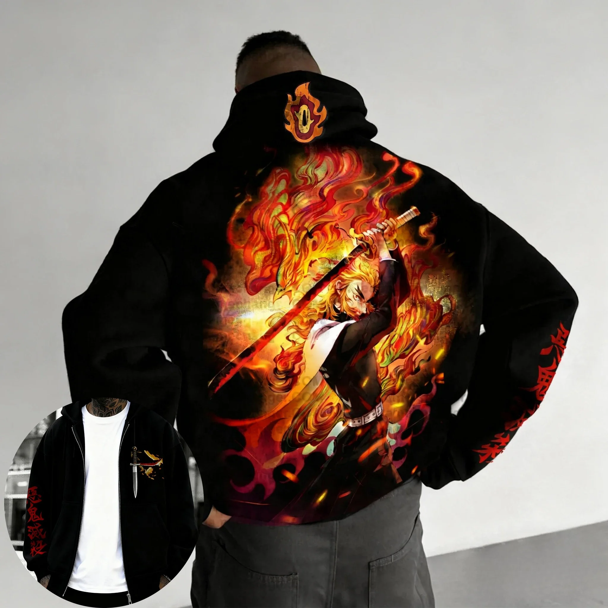 

Demon Slayer Anime Men's Zipper Hoodie Autumn/Winter Rengoku Kyoujurou Printed Casual Sports American Hip Hop Sweater Top