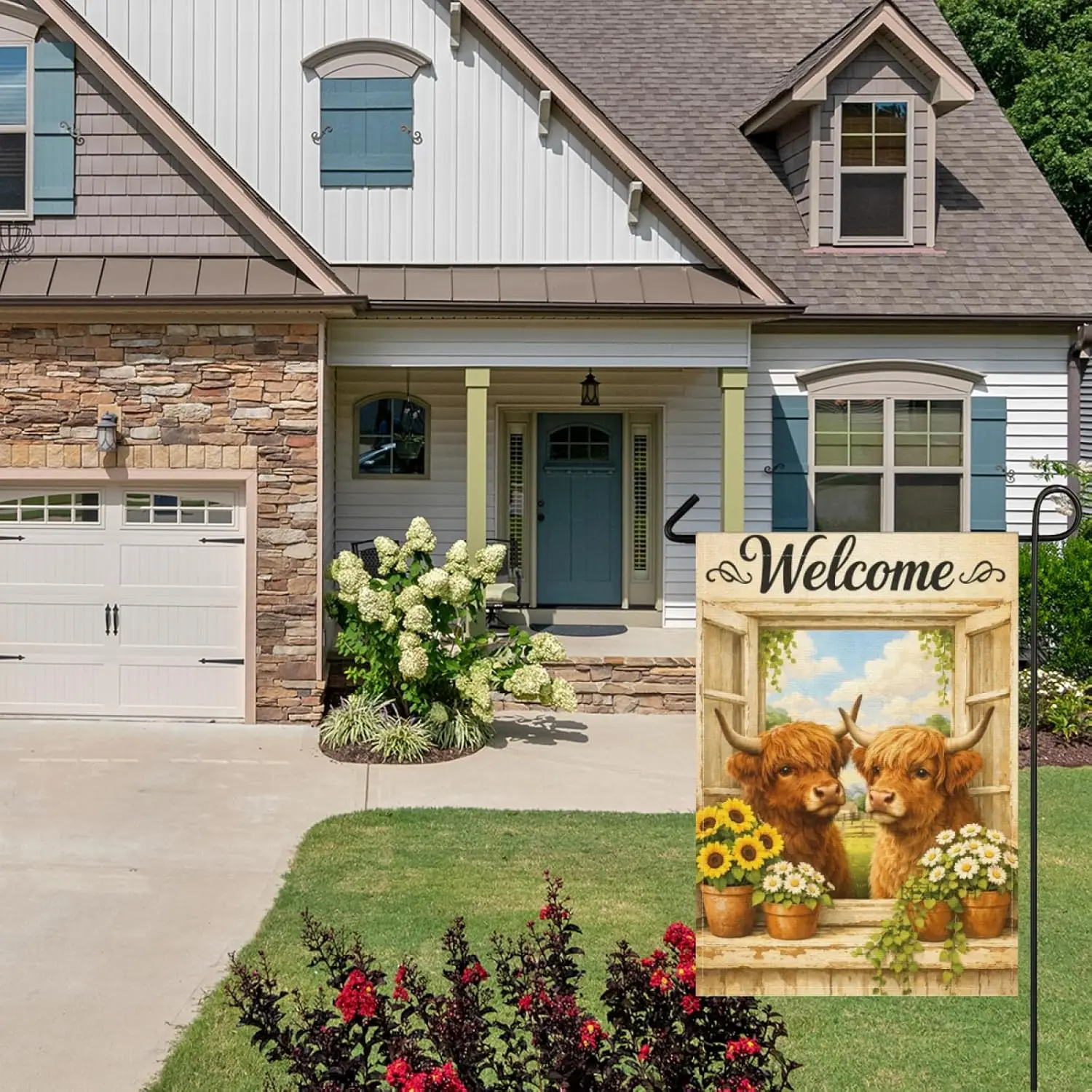 Funny Highland Cow Welcome Garden Flag 28x40Inch,Cute Animals Rustic Farmhouse Home Decor,Window Scene Sunflowers Daisy Flow AAS