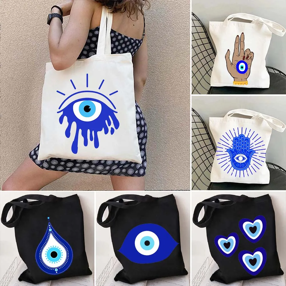 Greek Turkish Colorful Nazar Blue Evil Eye Hamsa Hand Girl Shopper Canvas Tote Bag Amulet GREECE Shoulder Cotton Female Handbags