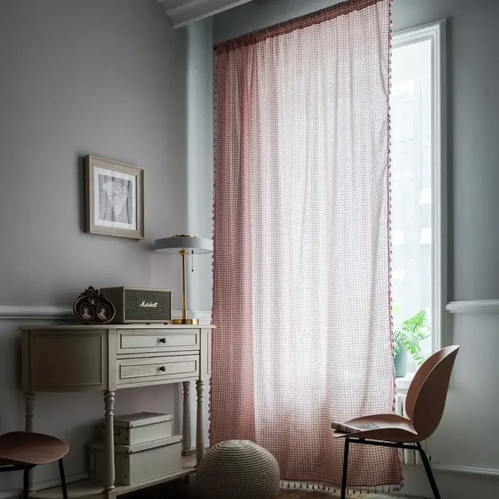 Pink Linen Plaid Curtains with Tassels, Nordic Style Window Drapes for Girls' Bedroom and Living Room