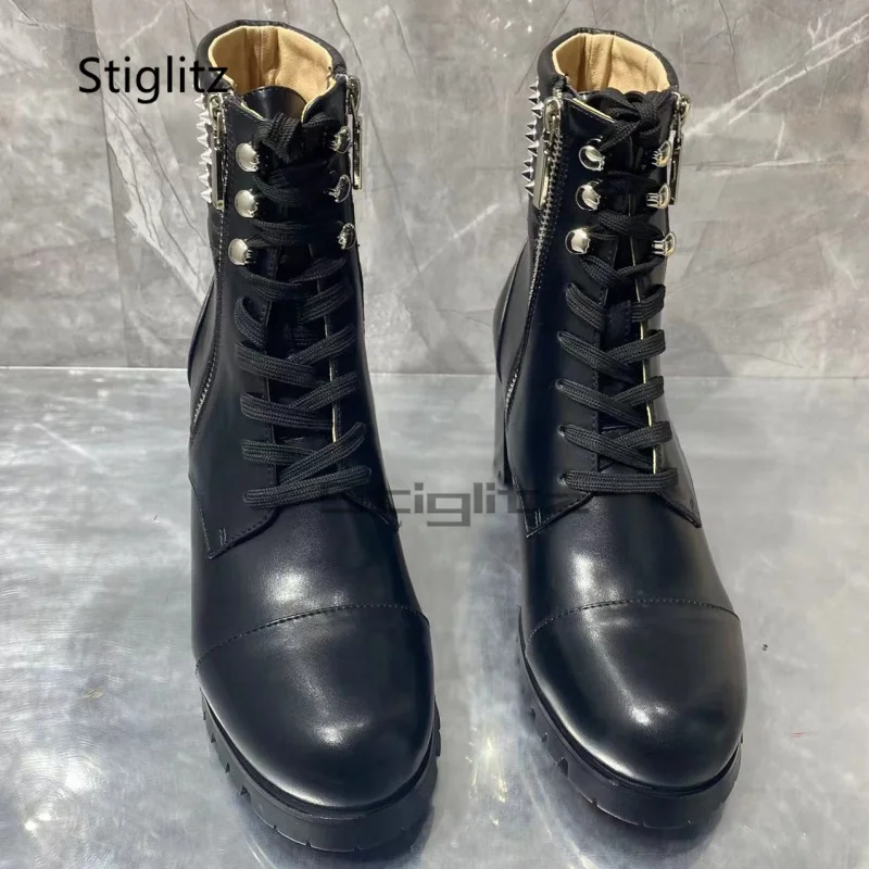 Rivet High Heeled Men's Boots Black Genuine Leather Lace Up Zip Ankle Boots British Style Retro High Quality Non-Slip Male Shoes