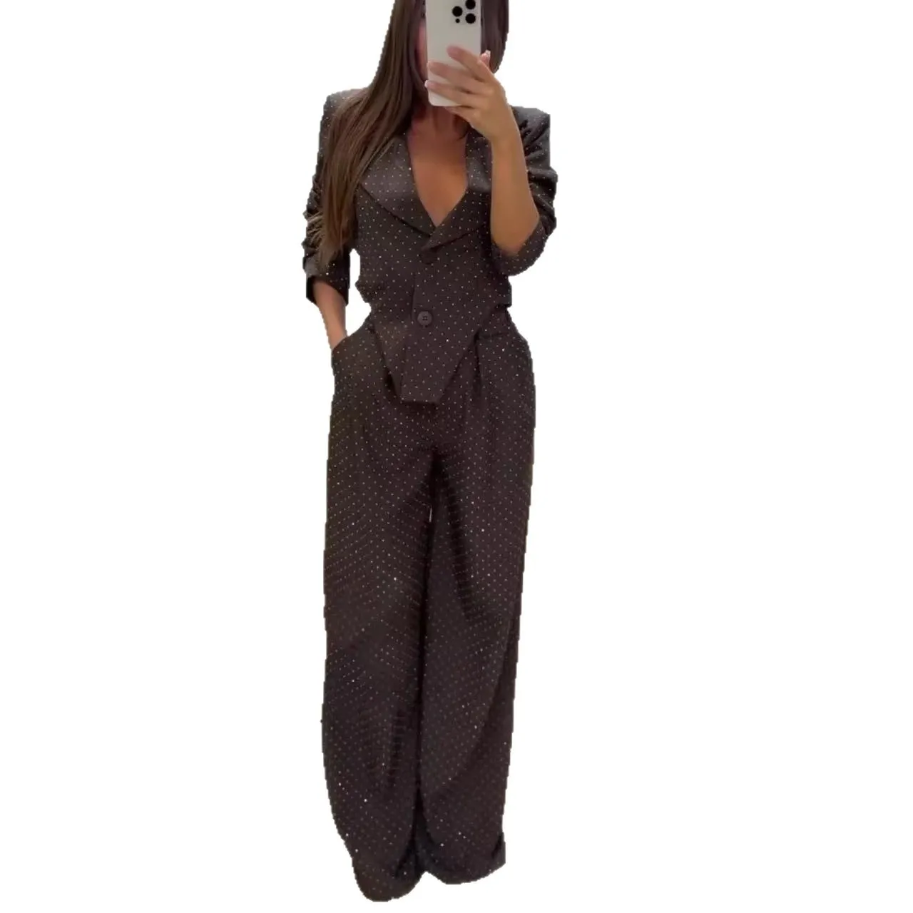 Elegant Women's 2-piece Sets Long Sleeve Blazer V Neck Dark Gray Blazers Wide Leg Pants Suit Jacket Notched Collar Office Blazer
