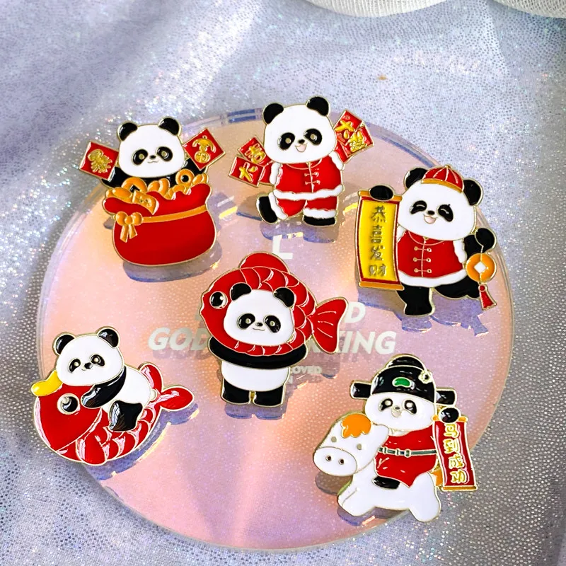 Cartoon Chinese Style Panda Enamel Brooch Cute Animal Self Improvement Lapel Badge Pins Jewelry New Year Gifts For Women Men