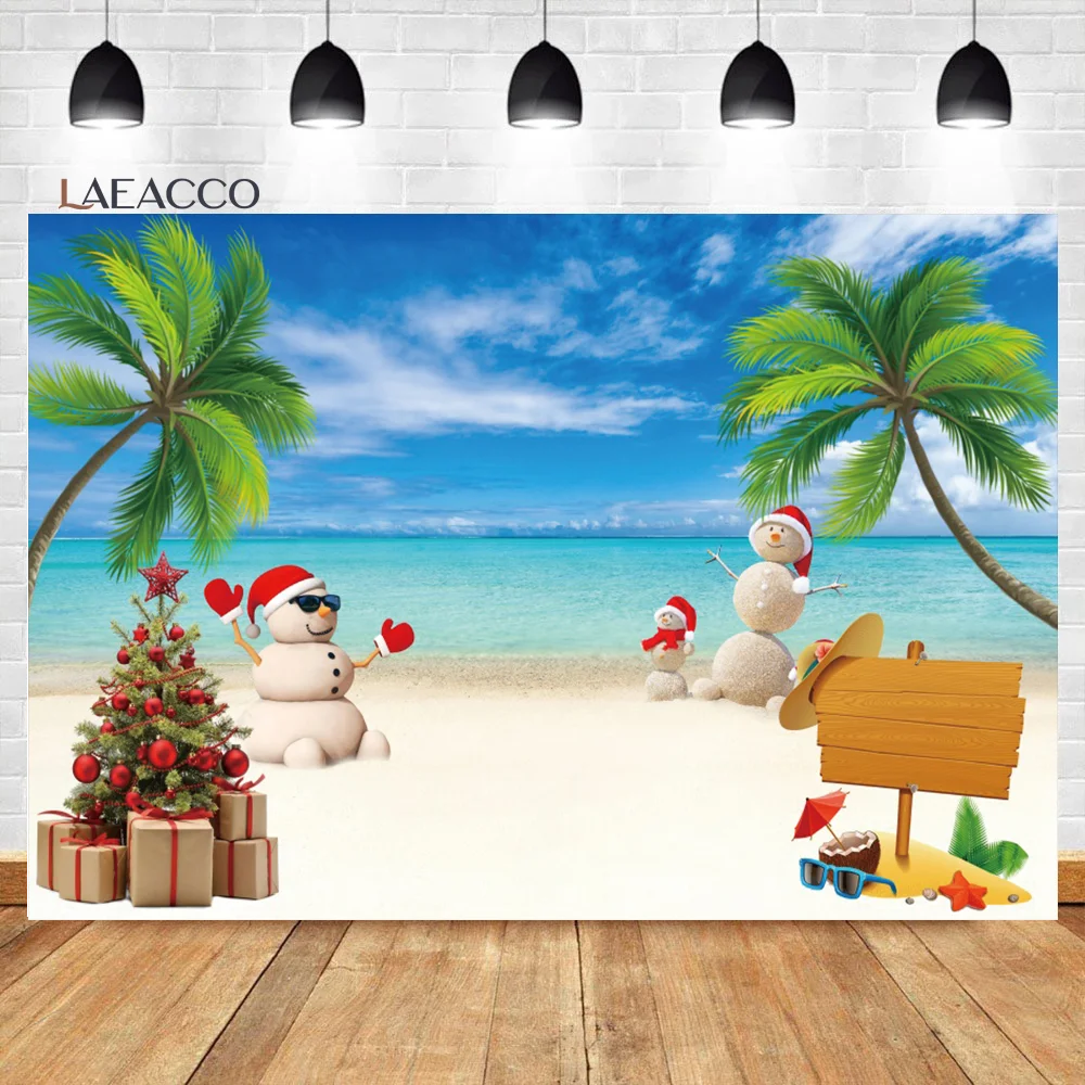

Leacco Tropical Beach Christmas Photo Backdrop Seaside Palm Tree Snowman Summer Xmam Kid Newborn Portrait Photography Background