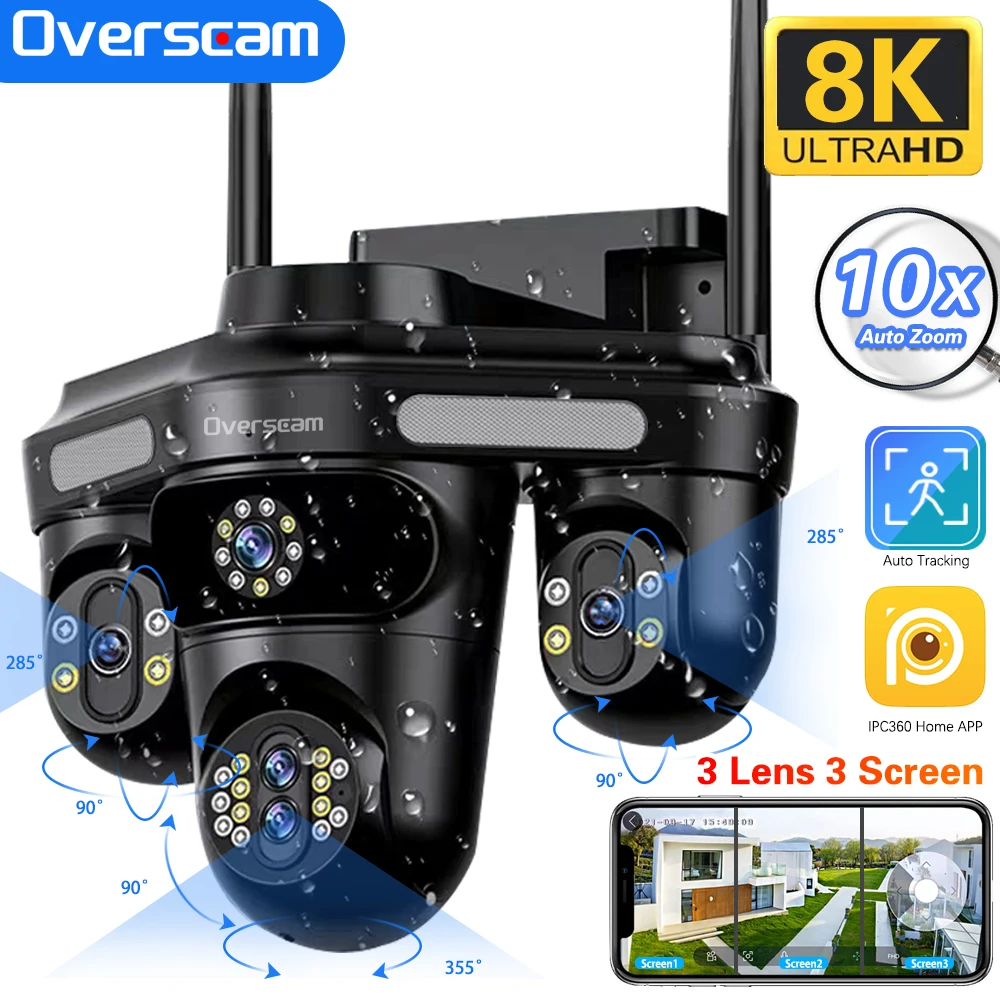 8K 16MP HD cuatro lentes PTZ 10X PTZ Zoom cámara al aire libre tres pantallas WiFi seguridad 360 ° Cámara CCTV inalámbrica para el hogar inteligente con seguimiento automático