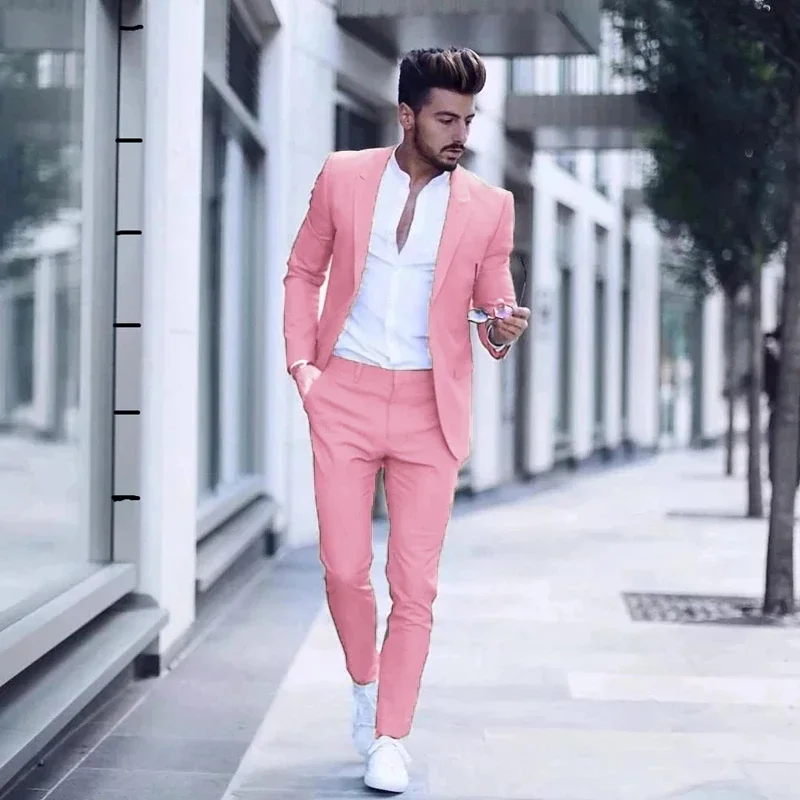 Mens Luxurious Business Men\'s Suit for Wedding Party Tuxedos Slim Fit Peak Lapel Pink Suits Male(Jacket+Pants) costume homme