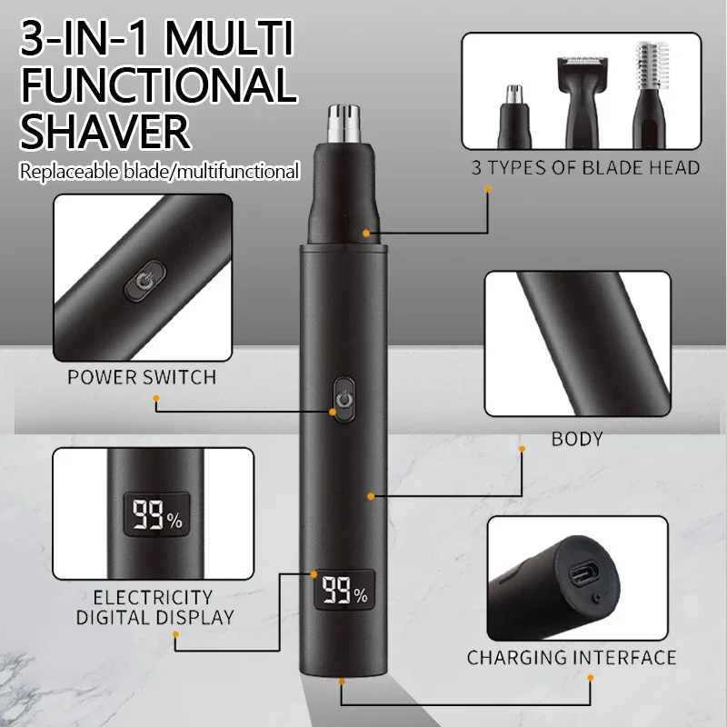 XMSJ 3-in-1 Men's Electric Nose Hair Trimmer LED Display Portable Painless T-shape Rechargeable Sideburns Eyebrows Beard Trimmer