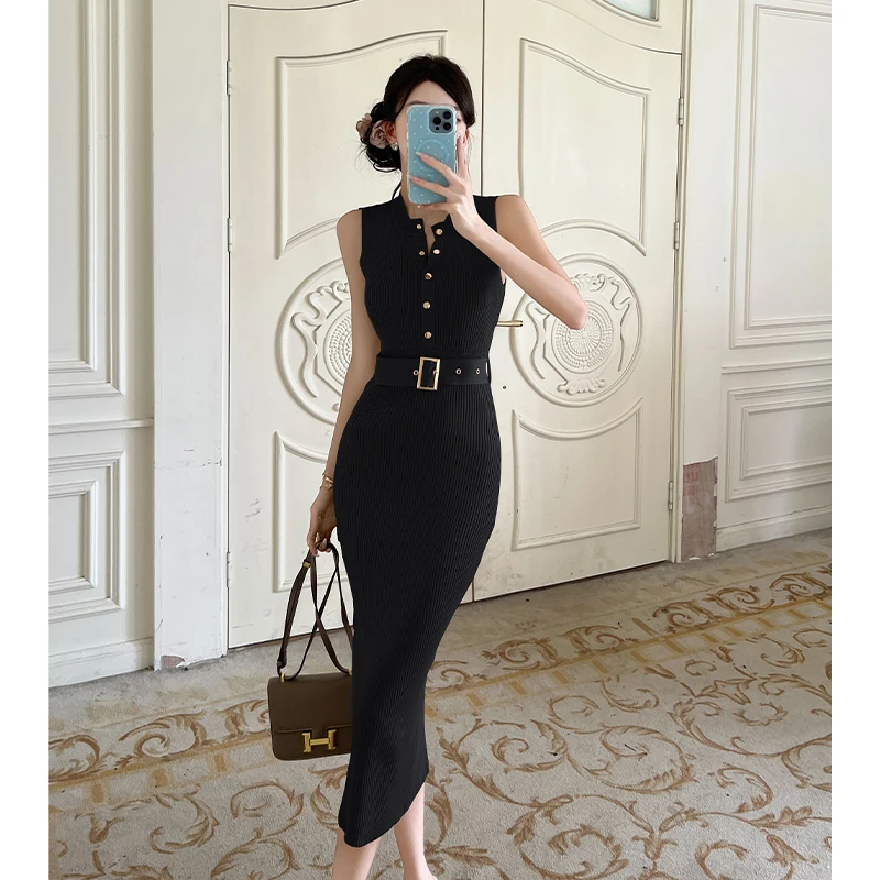 Abito lavorato a maglia senza maniche di fascia alta moda donna Nuovo abito femminile aderente in vita elastica OL coreano chic estivo 2025