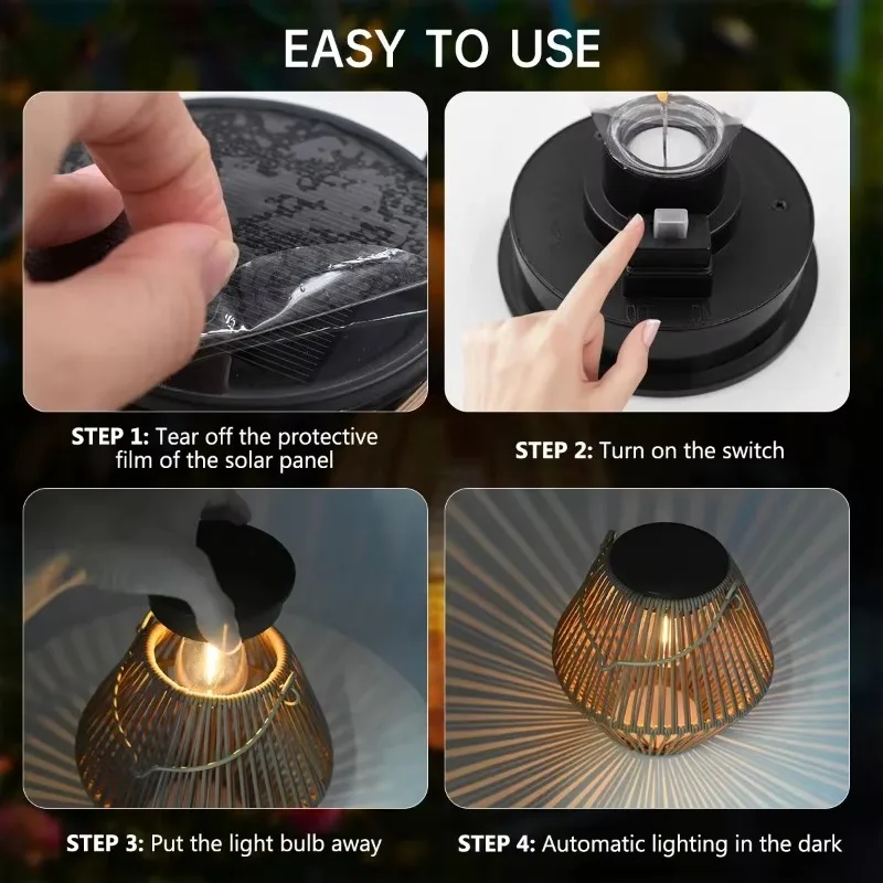 Boho Rattan Solar Lantern Outdoor Waterproof Hanging Solar Light Decorative Lamp for Garden Yard Patio Outside Ornament