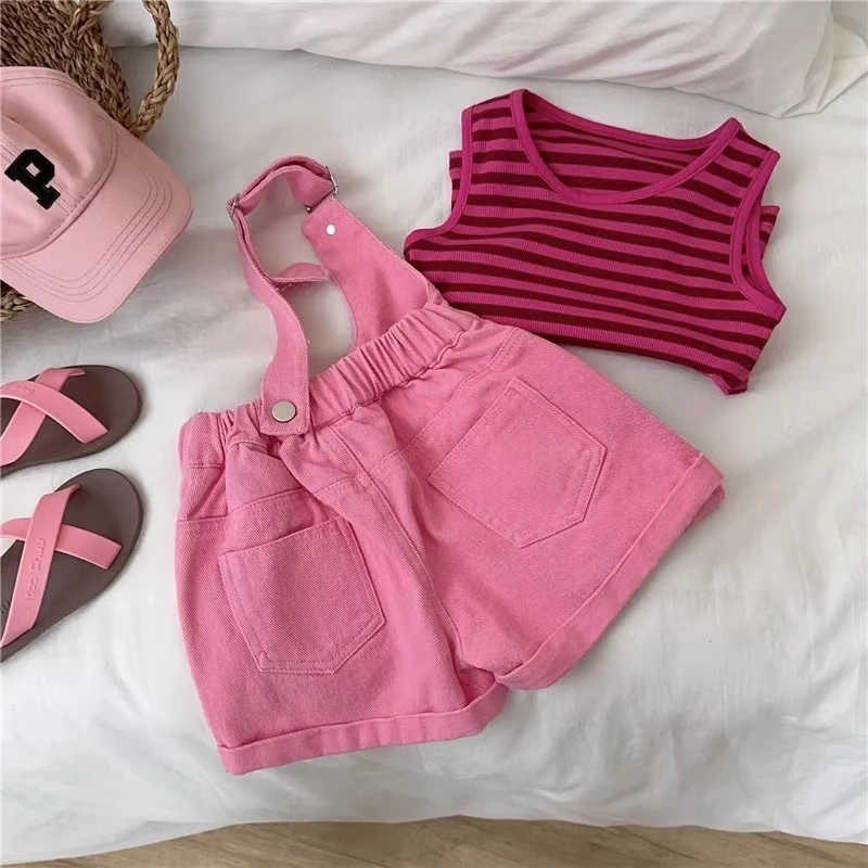 

Girls Tank Tops + Overall Children‘s Cothes Thin Style Outfit 2PCS New Summer Kids Clothes Set 1-6T Cute Stripe