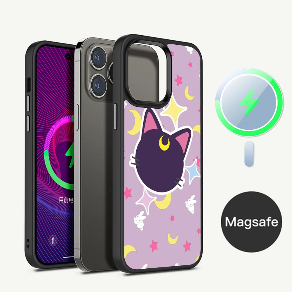 S-Sailores-M-Moon cat Etui magnetyczne na telefon do iPhone 14 13 12 11 15 Pro Max Plus Mini do bezprzewodowego ładowania Magsafe Cover