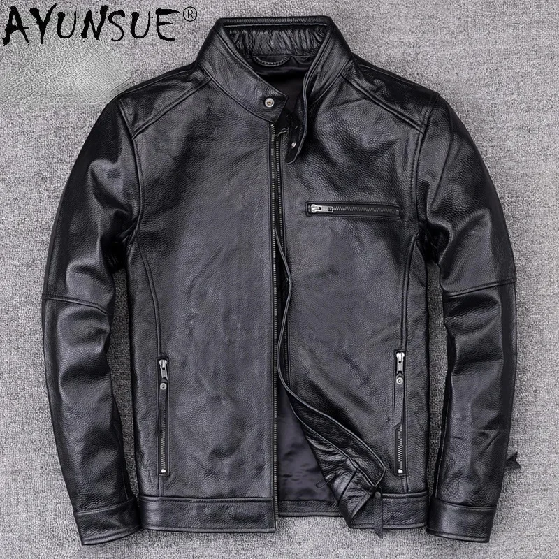 

Men AYUNSUE Jacket Vintage Style Men's Genuine Cowhide Coat Man Leather Clothes Biker Jackets Korean Veste Homme SQQ343