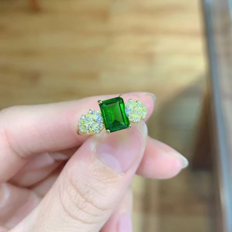 

Attractive 925 Silver Gemstone Rings Natural Chrome Diopside Ring 6mm*8mm 1.2ct Genuine Diopside Silver Jewelry with Certificate
