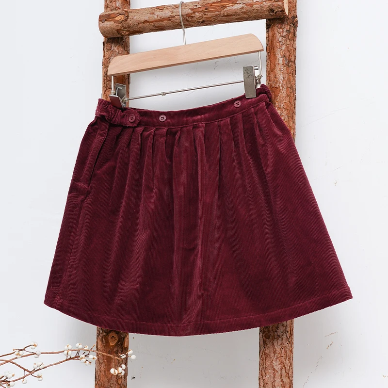 Retro Cord-Minirock mit hoher Taille für Mädchen, Frühlingsneuheit, verstellbare Knöpfe, elastische Taille, locker sitzende Kinderröcke, Mädchen-Winterkleidung – Detail 5
