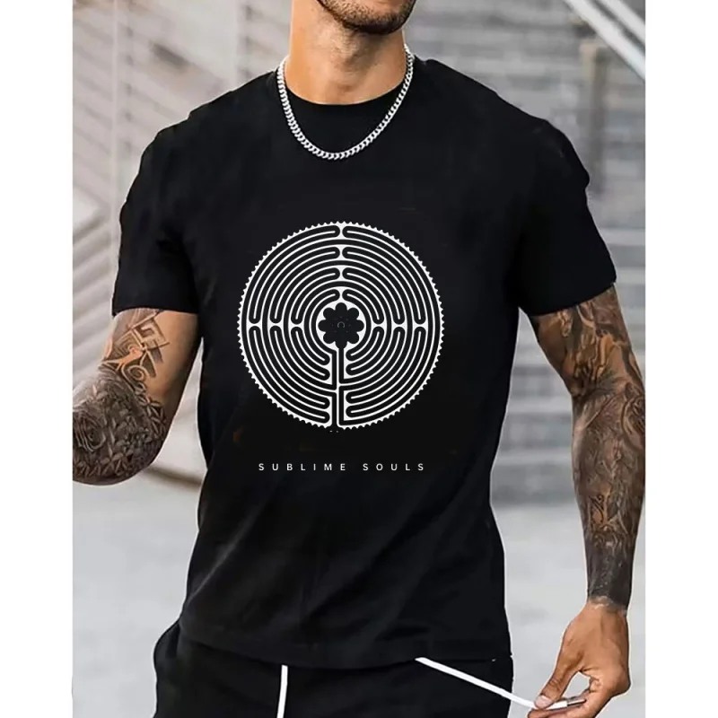 Labyrinth 100% Cotton Gift T shirt Mandala Print Spiritual Art Sacred Geometry Minimalist Top Abstract Graphic Tee All size Tops