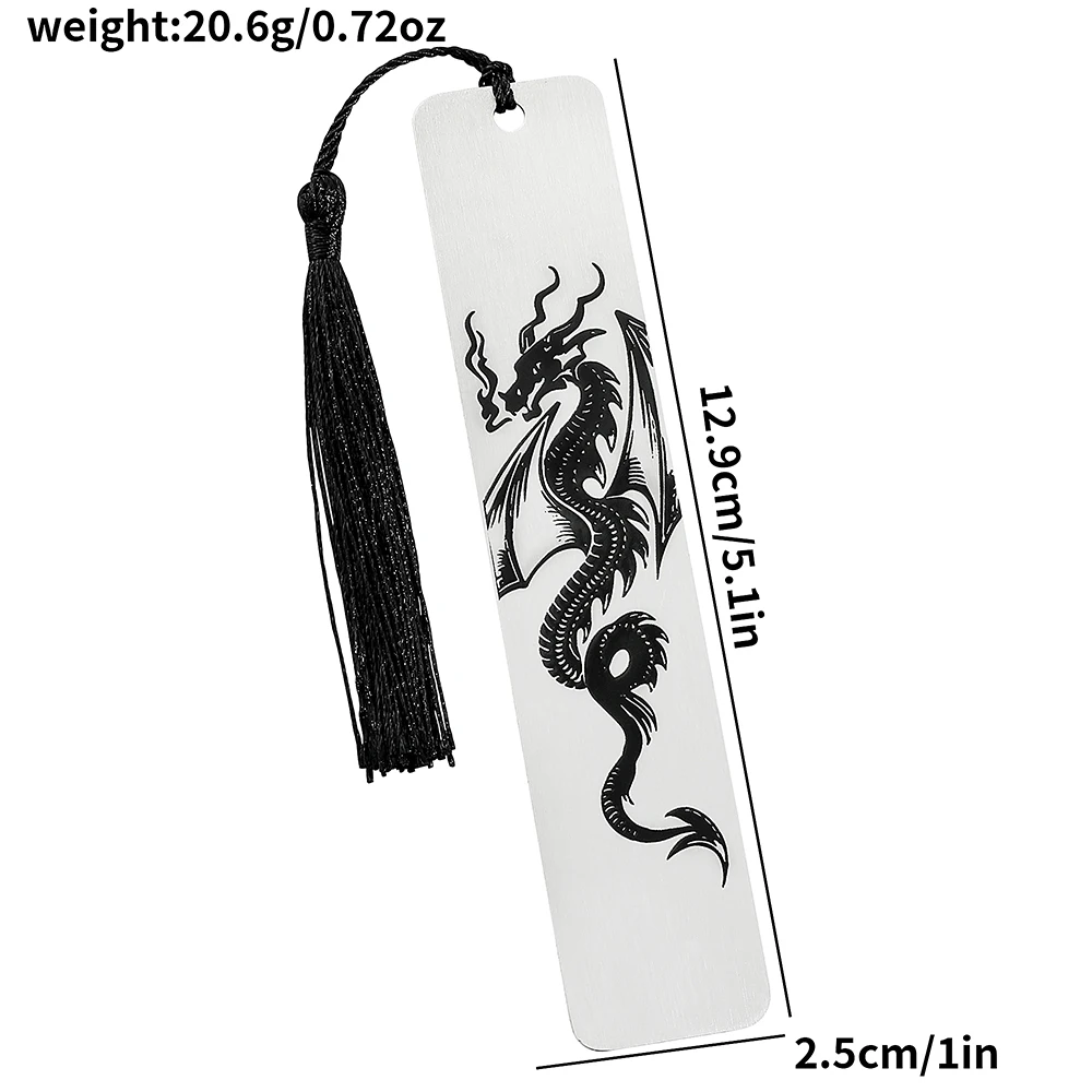 1Pc Black Dragon Engraved Stainless Steel Bookmark with Tassel for Bookworm Ladies Book Lovers, Book Accessories School Supplies