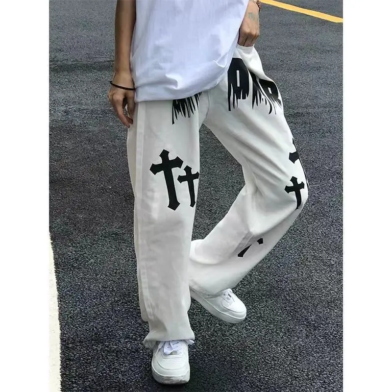 Pantalones vaqueros blancos Unisex de calle alta pierna recta pantalones vaqueros estampados informales ropa de calle mujeres hombres tendencia Drag padre Jeans pierna ancha