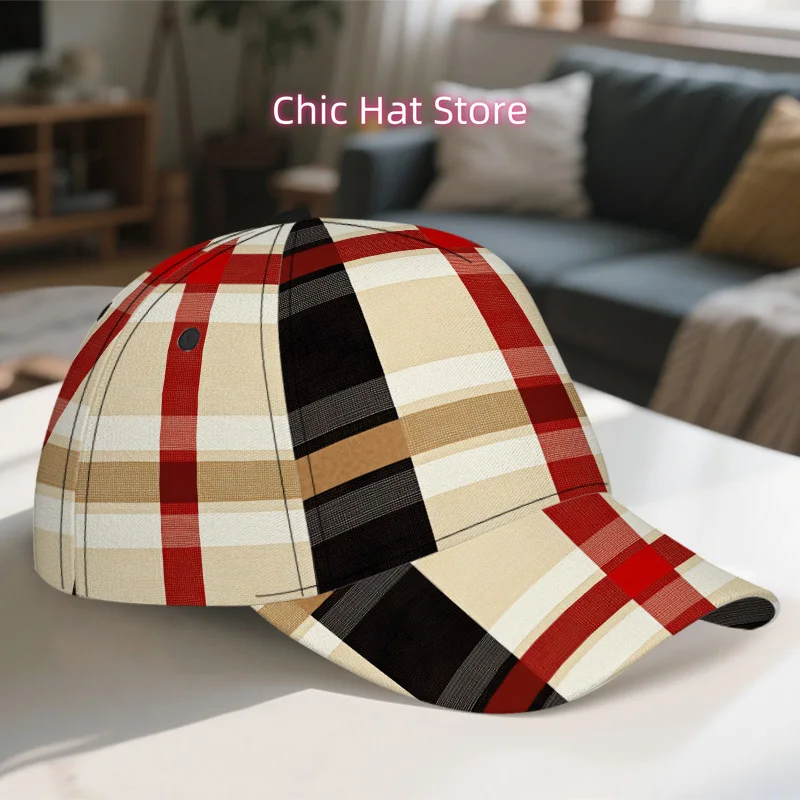 1pc of a Classic Baseball Cap Featuring a Beige And Red Plaid Design - an Adjustable Duckbill Hat That Is Lightweight, Making It view 3