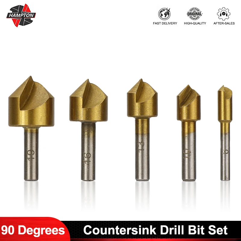 HAMPTON Chamfering Cutter 90 Degrees 1 Flute TiN Coated Chamfer Drill Bit Countersink Drill Bit Set for Woodworking Hole Cutter 