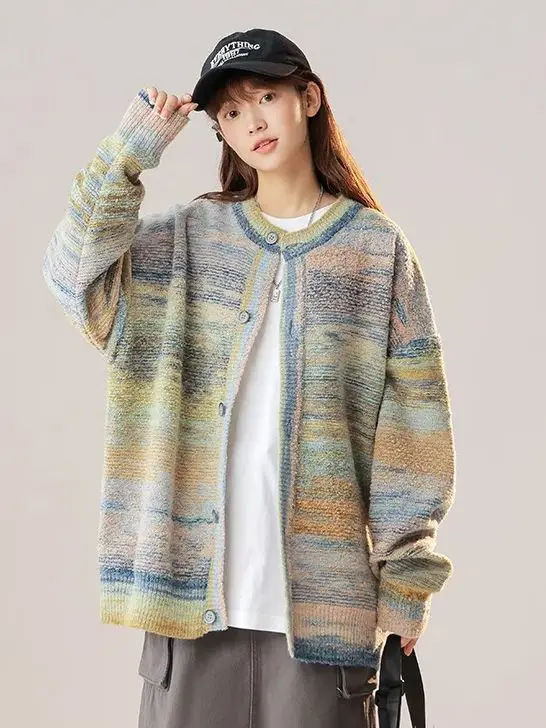 Autumn Winter Merad Knit Round Neck Button Sweater Women Warm Loose Cardigan Knitted Jacket Colorful Stripes Soft