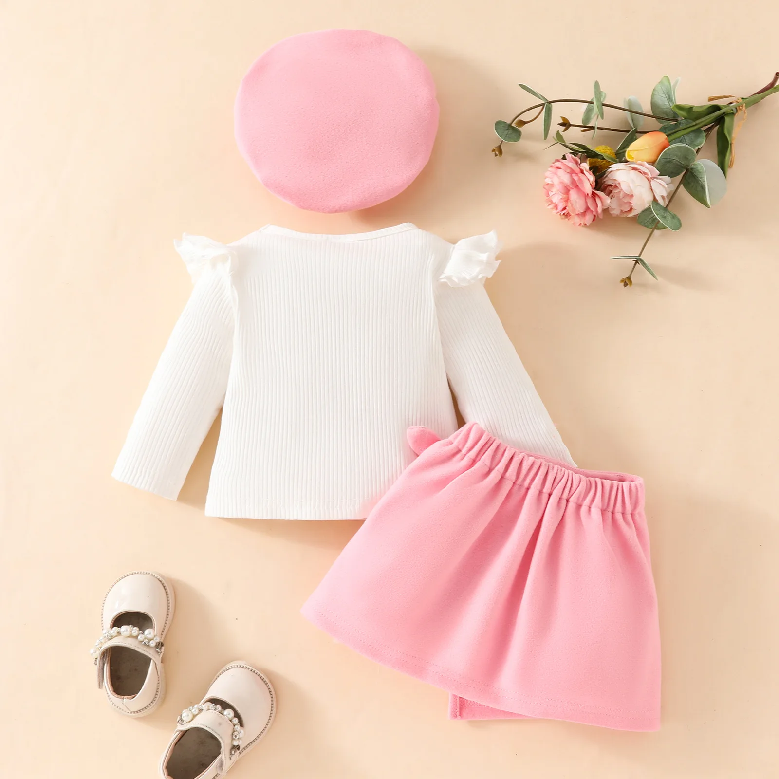 Toddler Girl Big Bow Beret Hat Long Sleeve Top Fleece Lined Skirt Fall Winter Outfit Set