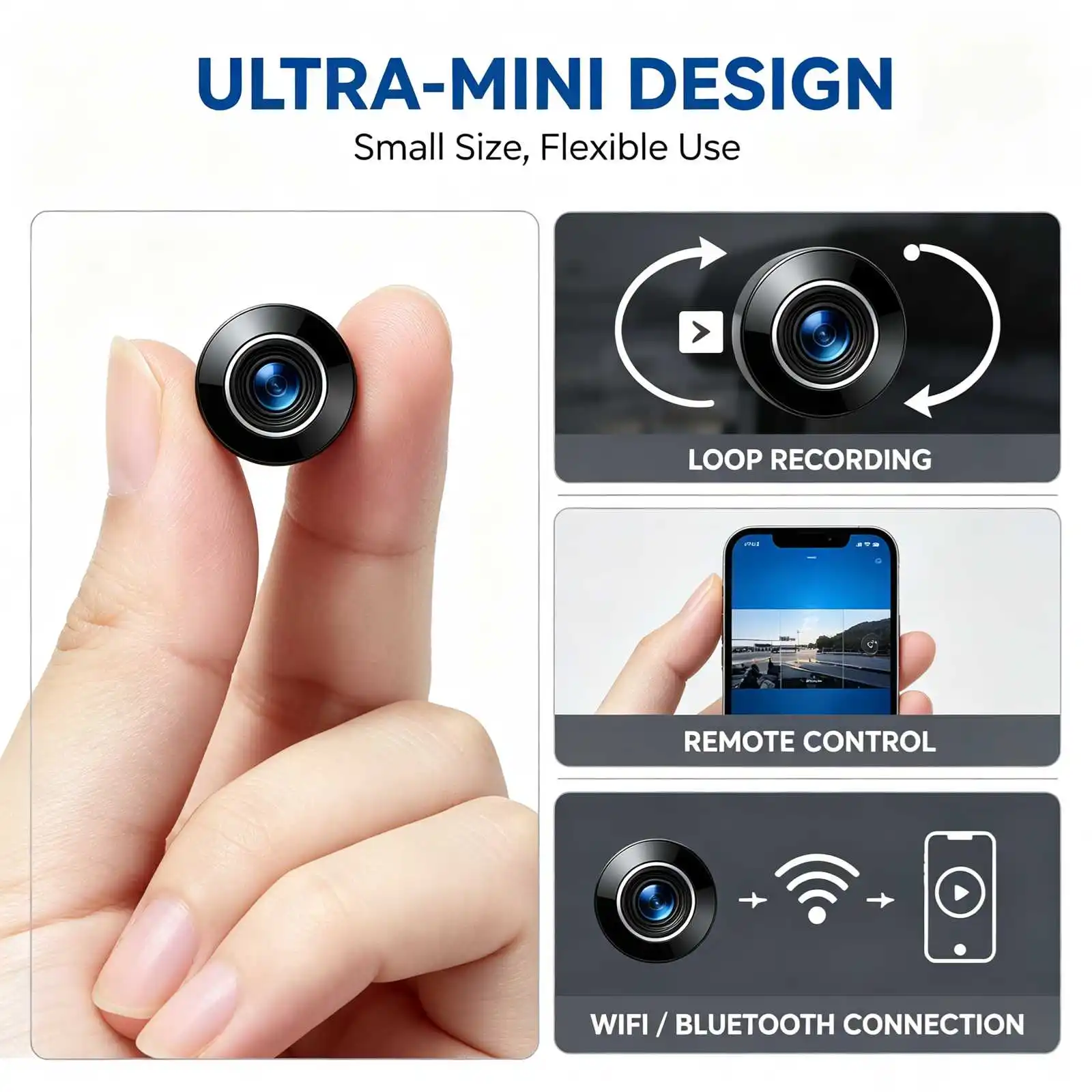E4 Mini WiFi Security Camera, 4K Ultra HD tiny surveillance cam with infrared night vision, motion detection alert, loop recording. Compact portable design for home, office, car indoor monitoring. Real‑time phone remote view, easy setup
