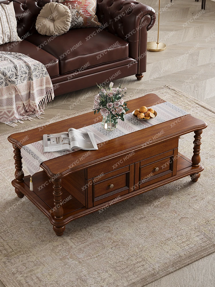 Solid Wood Coffee Table Living Room Home Rectangular Table with Drawer Fruit Plate Table Small Apartment Retro Tea Table