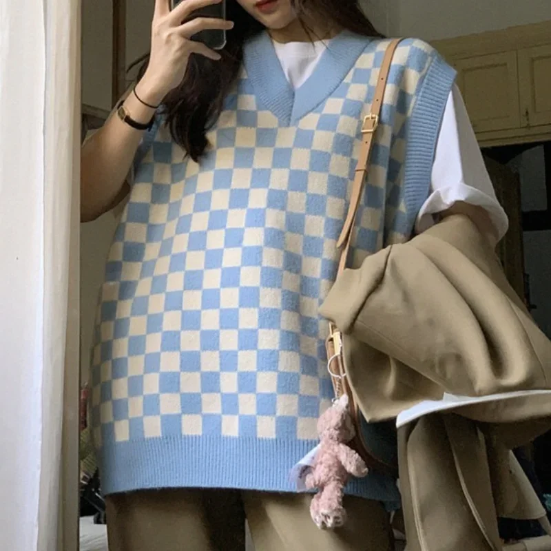 Vintage Checkerboard Plaid Knitted Sweater Vest Preppy Style Women Loose Casual Vest Spring Autumn Warm Tops Classic Sweaters