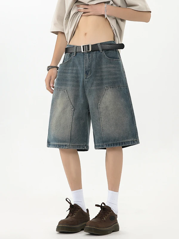 American Retro Logging Cowboy Short Pants Men Summer Trendy Loose Straight Leg Medium Pants Workwear Five-Point Men's Jeans