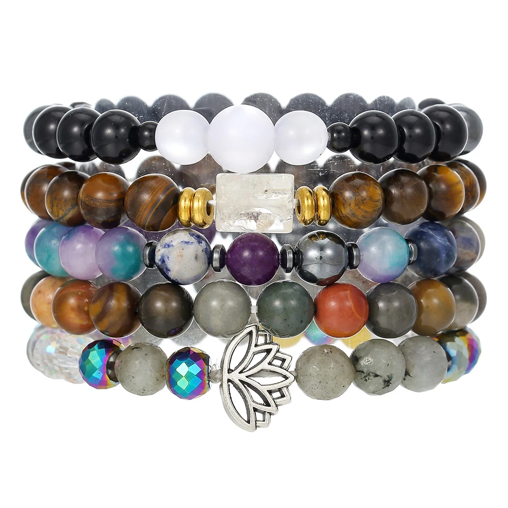 

Retro Simple Cut Gem Lime Moonlight Colorful Black Gall Stone Lotus Bracelet Tiger Eye Stone Crystal Beaded Yoga Stone Bracelet