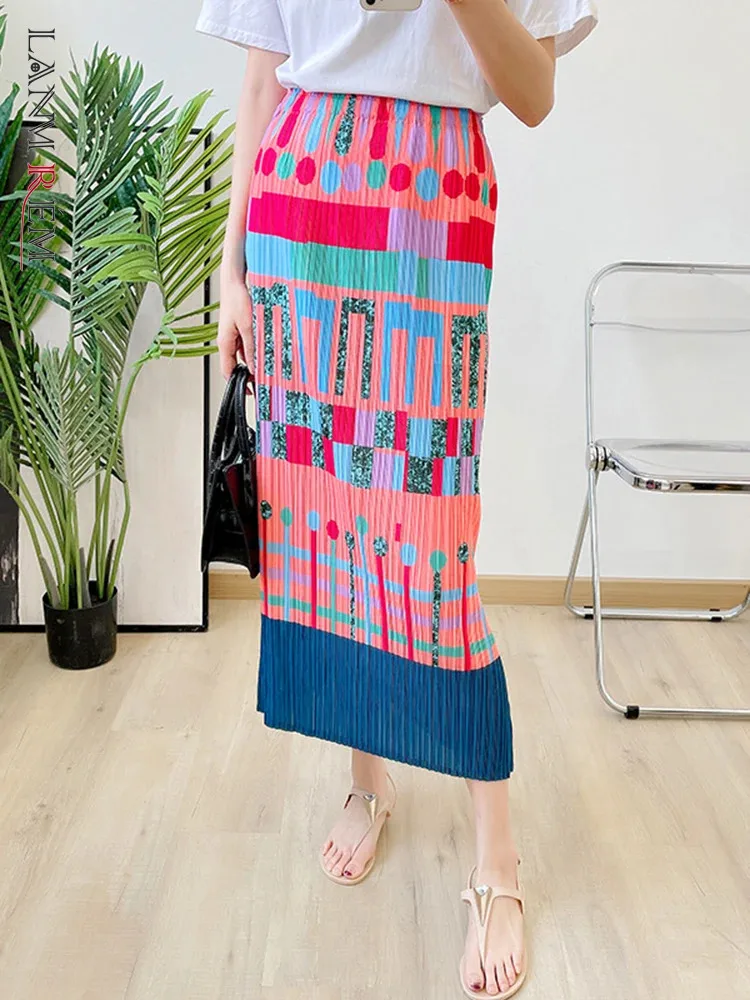 

LANMREM Pleated Skirt Printing Split Straight Women High Elastic Waist Contrast Color Fashion Style Female 2024 Autumn 2R19571