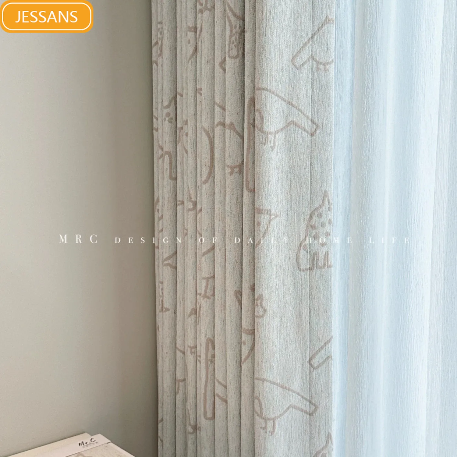 Customized Cartoon Cotton and Linen Printed Beige and Chenille Blackout Curtains for Living Room and Bedroom Partition Curtains